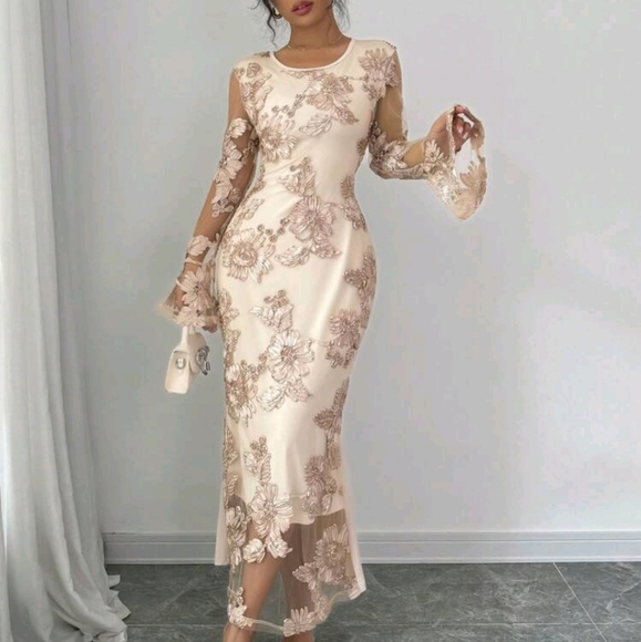 Women's Casual Elegant Floral Full Print Lace Bodycon Flared Cuff Long Sleeve - Picture 4 of 4